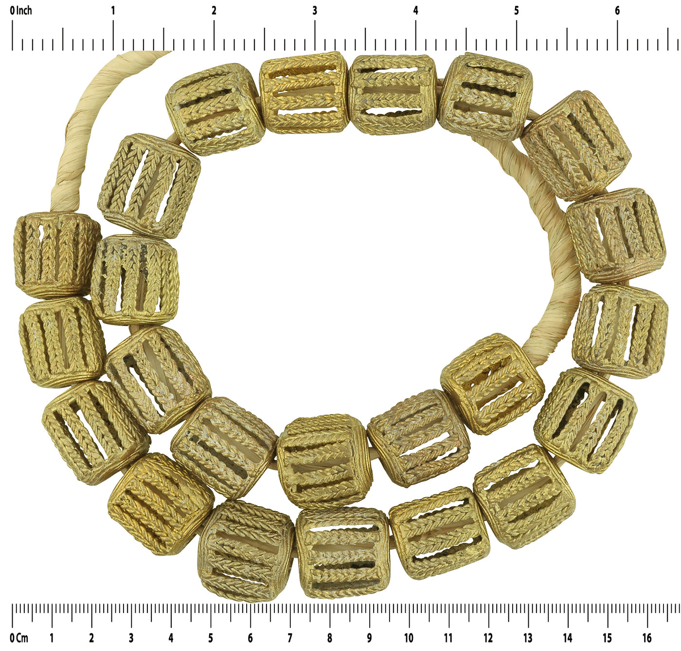 Handcrafted Ashanti Large Cube Brass Beads - 20" Strand - zoomed-in detail
