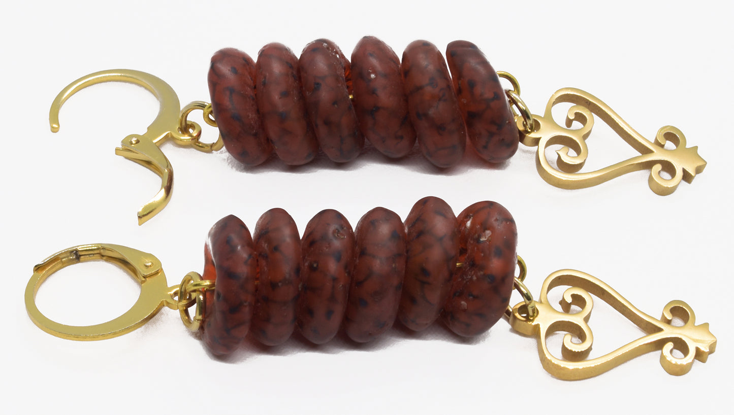 Handmade African Earrings & Sankofa Pendant With Amber-Colored Glass Beads - zoomed-in detail