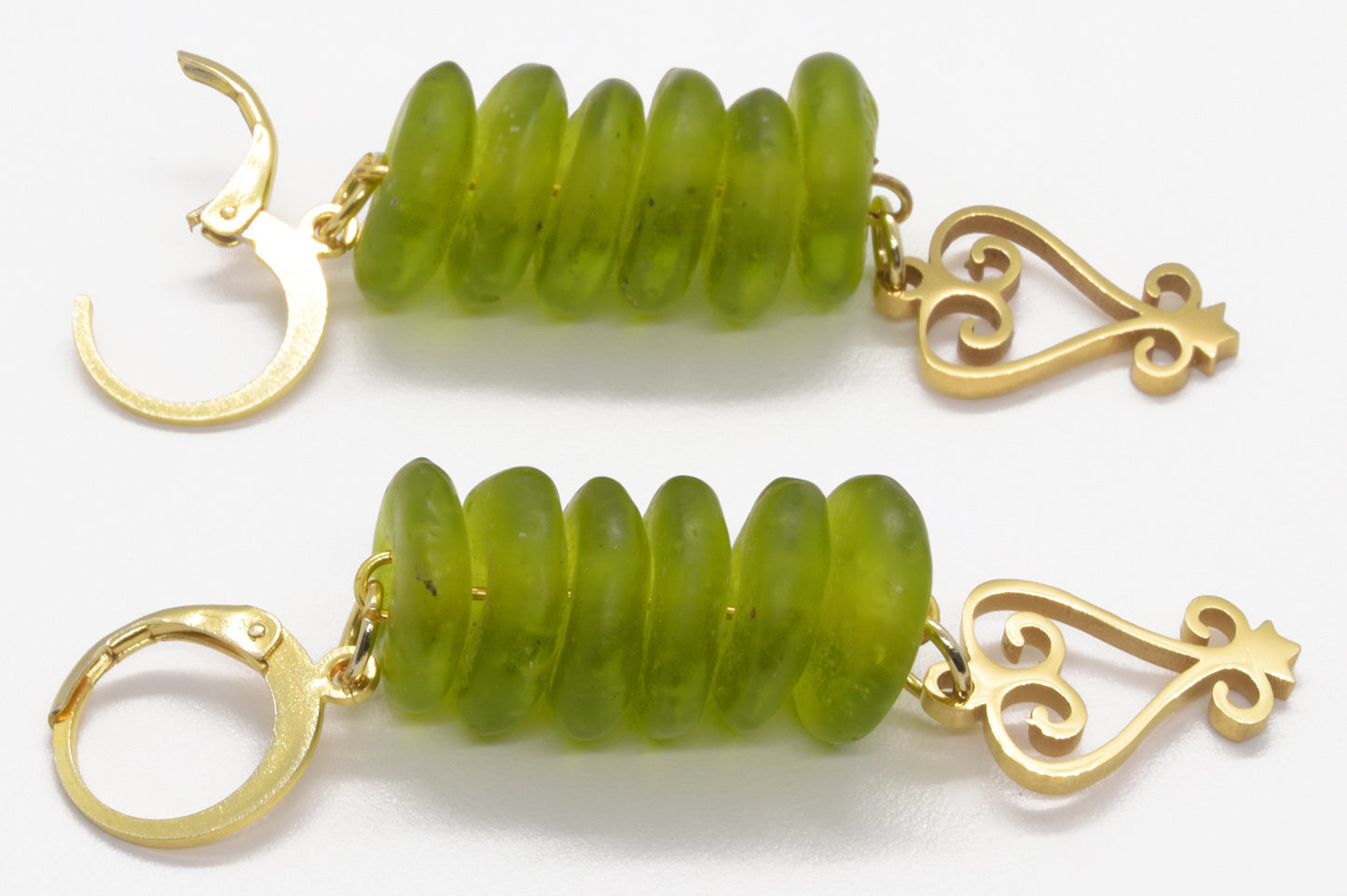Handmade African Earrings & Pendant With Lime Green Beads & Sankofa Adinkra Symbol - zoomed-in detail