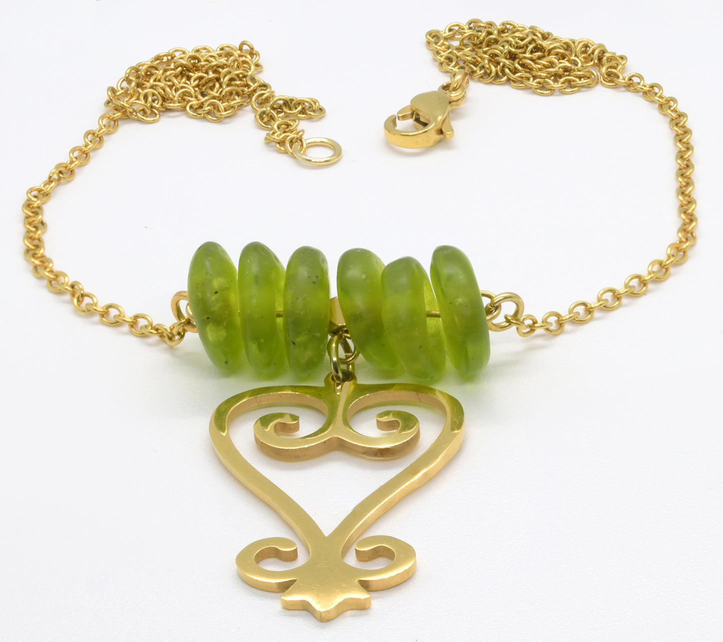 Handmade African Earrings & Pendant With Lime Green Beads & Sankofa Adinkra Symbol - close-up