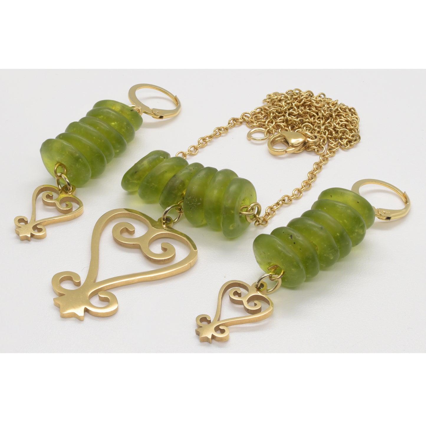 Handmade African Earrings & Pendant With Lime Green Beads & Sankofa Adinkra Symbol