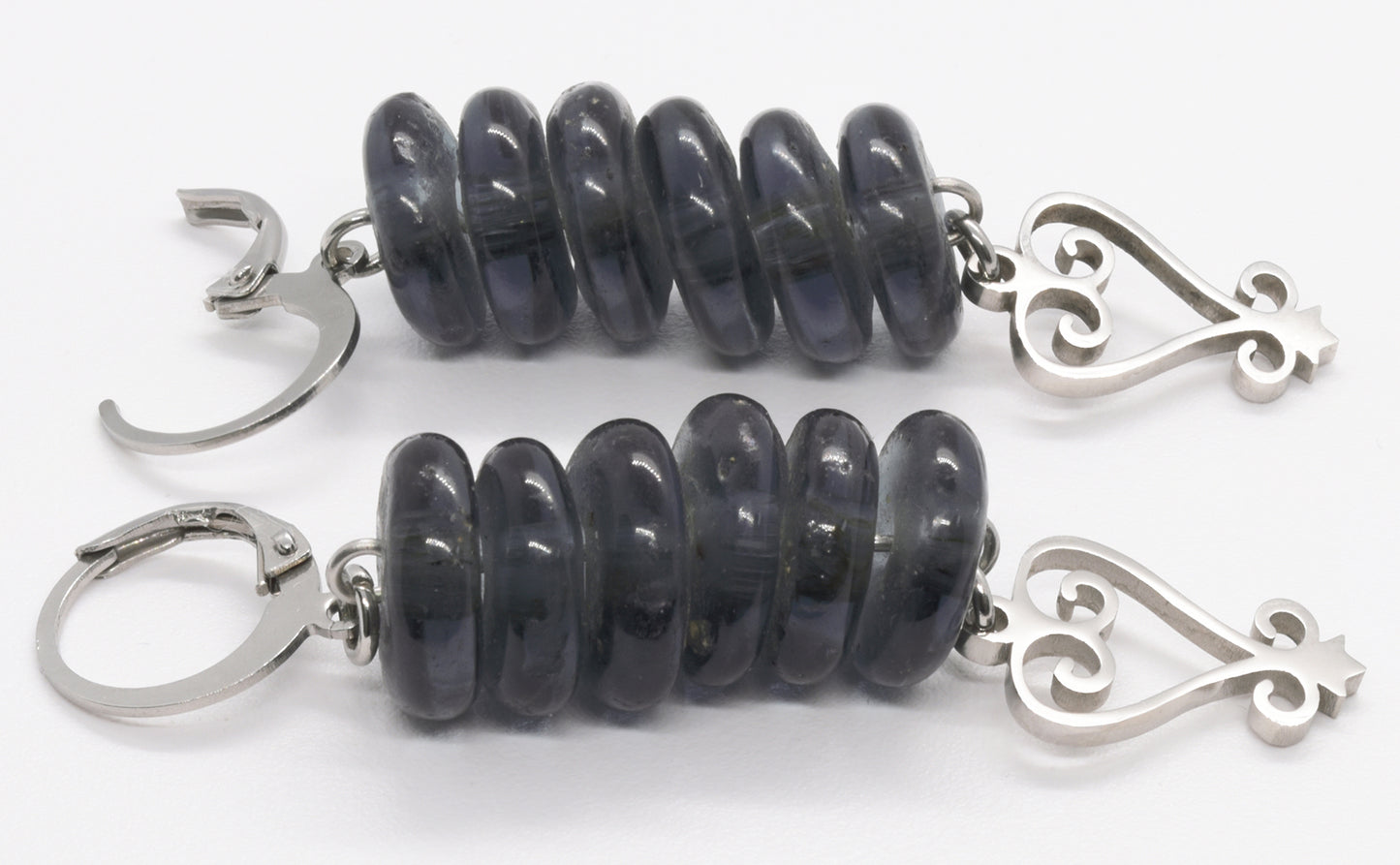 Handmade African Earrings & Pendant With Smoke Gray Beads & Adinkra Sankofa Symbol - product focus