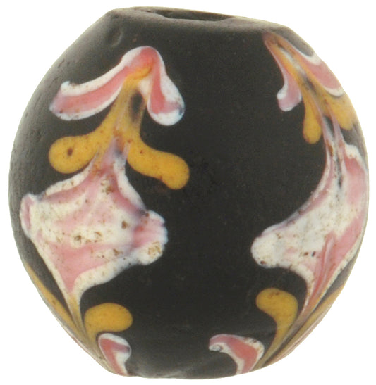 Antique Black Floral Venetian Lampwork Glass Trade Bead, 13X12Mm, African Trade - alternate view