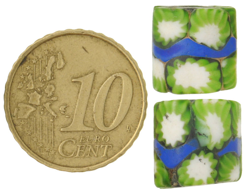 Antique Blue Banded Millefiori Venetian Mosaic Trade Beads, 12X11Mm Pair - alternate view