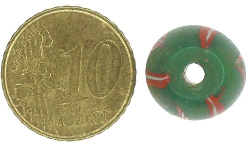 Rare Green "Fancy" Venetian Wound Glass African Trade Bead, 14X13Mm - zoomed-in detail