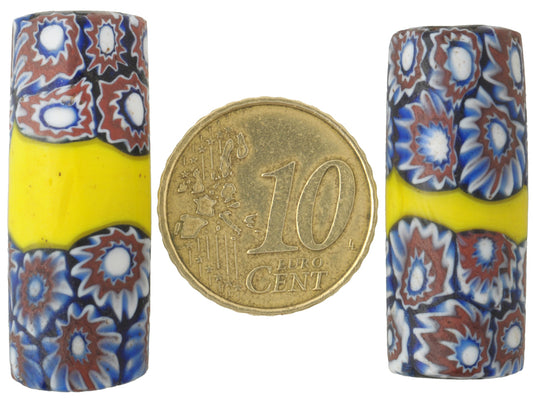 Antique Large Banded Venetian Millefiori Mosaic Glass Trade Beads Pair - alternate view