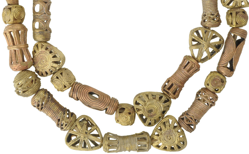 Handcrafted African Brass Beads From Ghana, 28" Strand, Lost Wax - close-up