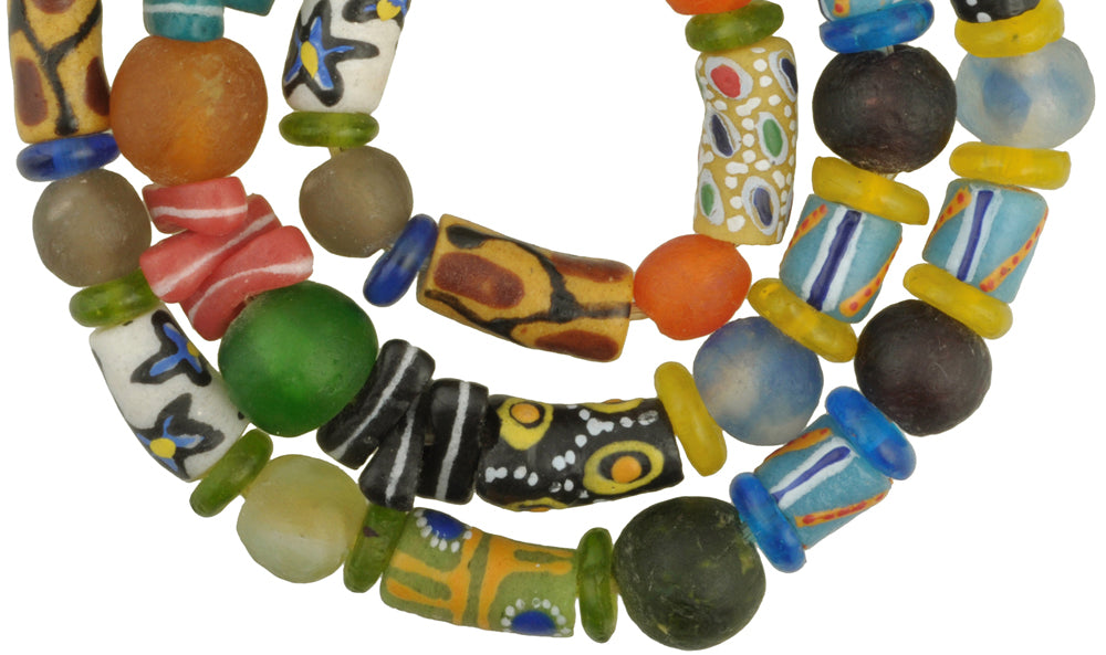 Colorful African Trade Beads - Krobo Powderglass Imitation Strand - close-up