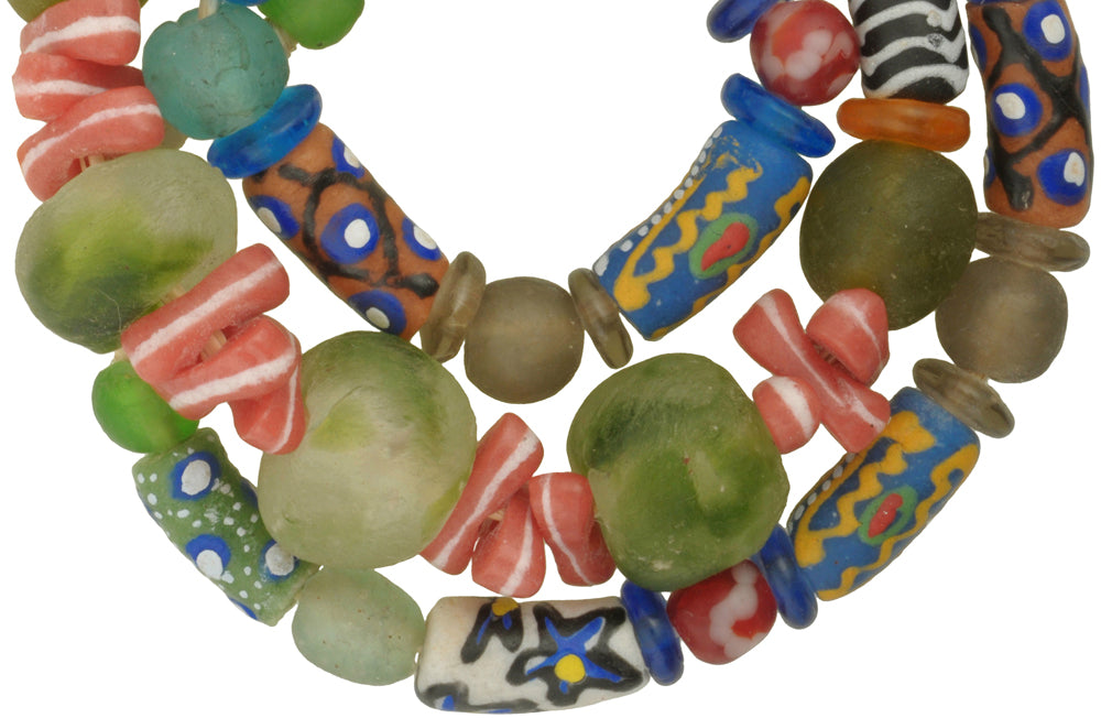 Colorful Krobo Powder Glass Trade Beads Strand 9-21Mm Ghana - close-up