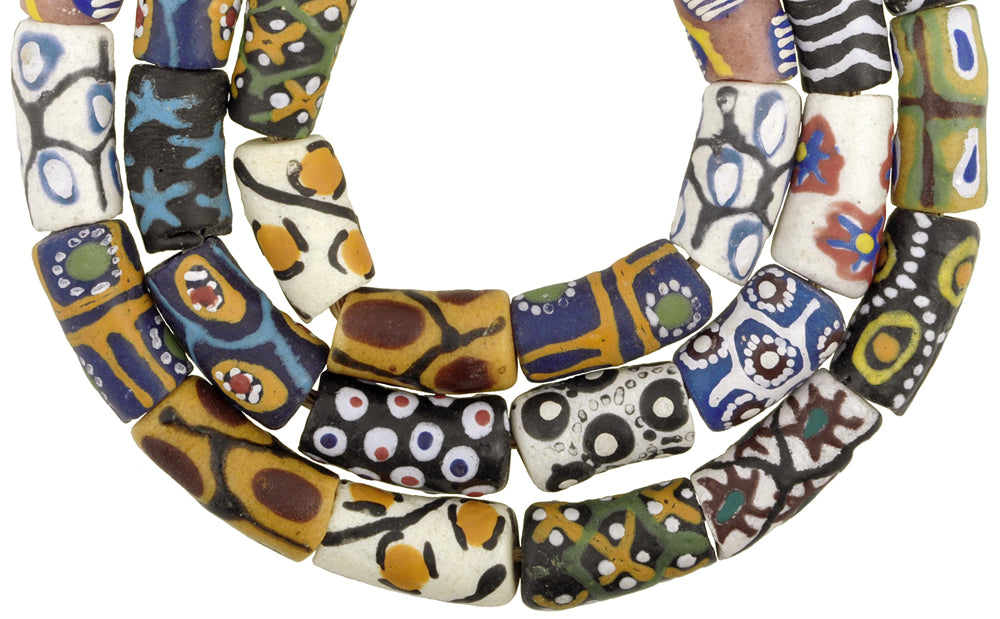 African Fancy Powder Glass Beads, 25" Strand, Handmade In Ghana - close-up