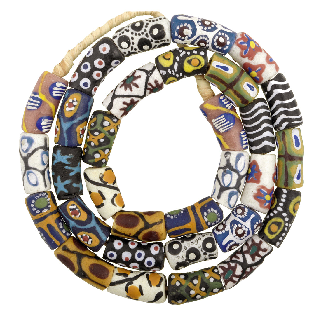 African Fancy Powder Glass Beads, 25" Strand, Handmade In Ghana