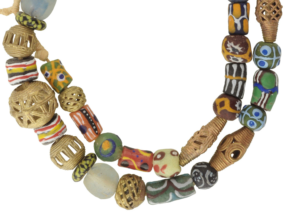 Mixed Krobo Glass And Brass Beads - African Trade Beads Strand - close-up