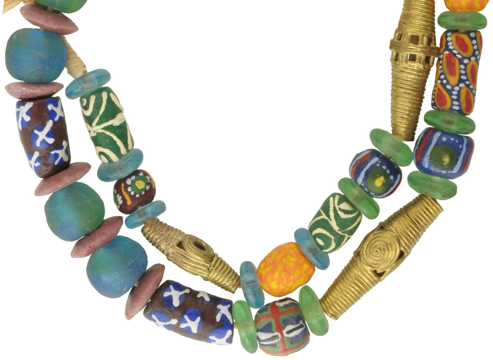 Recycled Krobo Glass And Brass Beads - African Trade Strand 26.5" - close-up