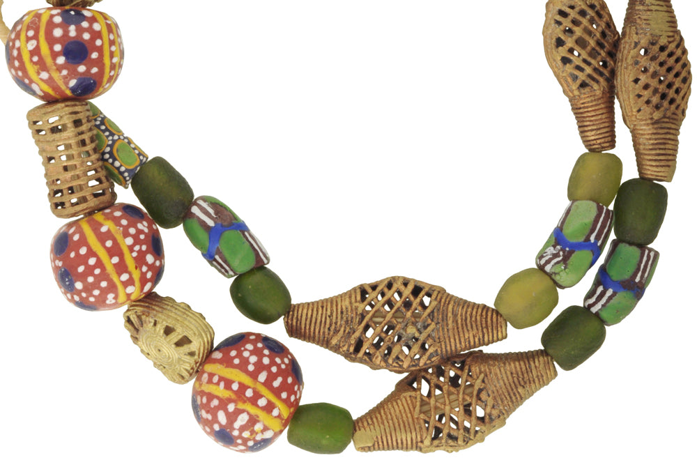 African Trade Beads - Krobo Glass & Ashanti Brass Beads Strand - close-up