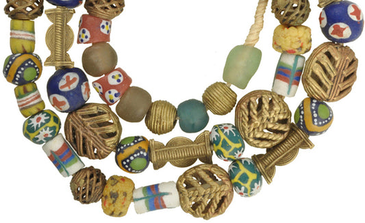 African Trade Beads: Krobo Glass & Brass Beads Strand 26.5" - alternate view