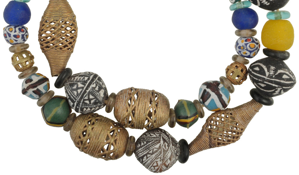 Spindle Beads Mali With Krobo Glass & Ashanti Brass | Tribalgh - close-up