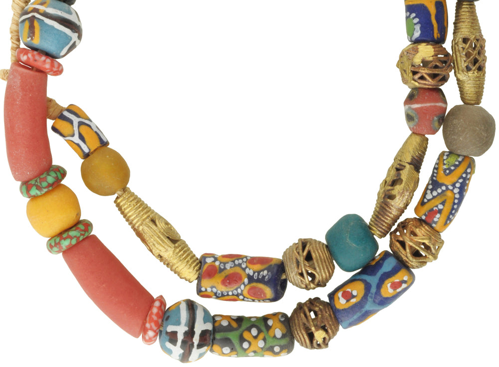 Mixed Krobo Glass And Brass Beads - African Trade Strand - close-up