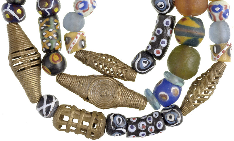 Recycled Krobo Glass & Brass Trade Beads Strand From Ghana - close-up