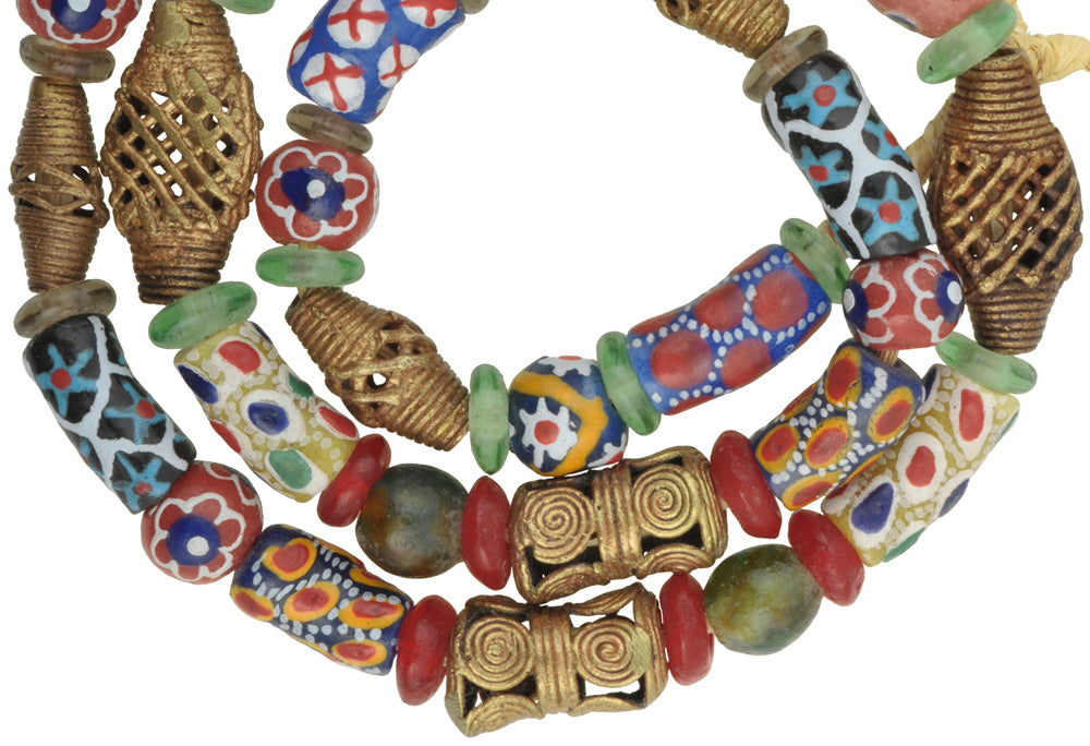 African Trade Beads Strand - Krobo Glass & Brass Beads 10-20Mm - close-up