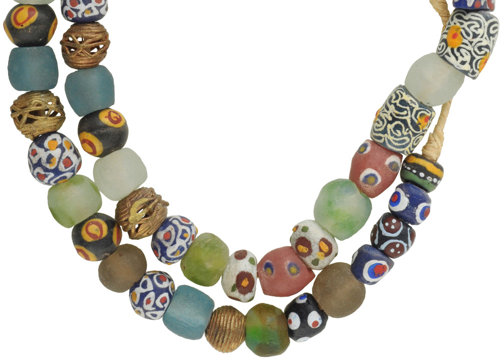 African Trade Beads: Krobo Glass & Brass Beads Strand 10-14Mm - close-up