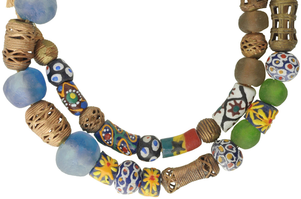 Krobo Glass And Brass African Trade Beads - 27" Recycled Strand - close-up