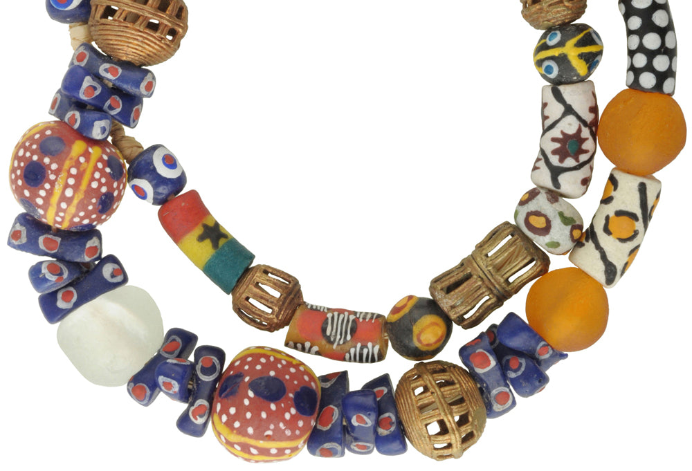 African Trade Beads: Krobo Glass & Brass Beads Strand 8-22Mm - close-up