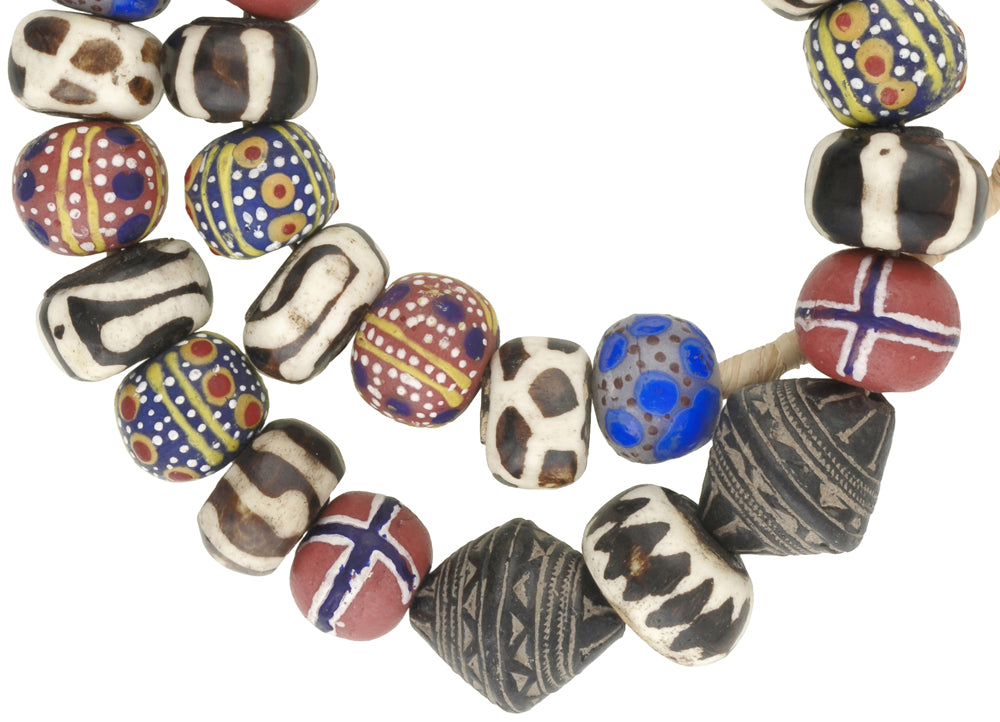 Kenya Bone Beads, Batik Bone & African Trade Beads Strand - close-up