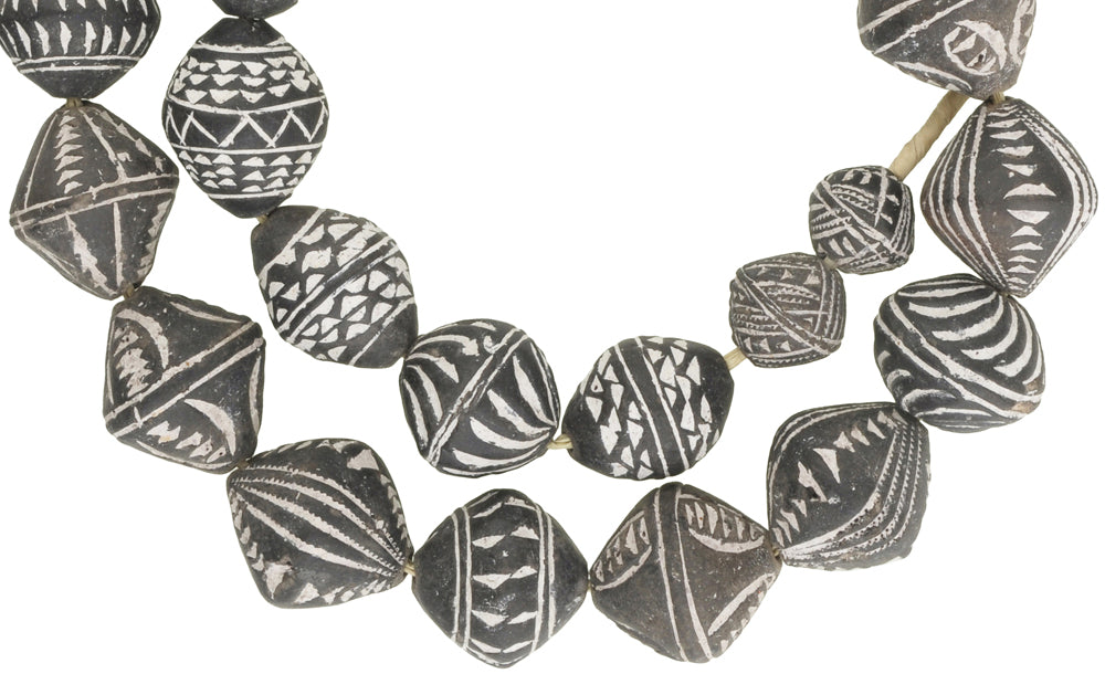 Handmade African Spindle Whorls - Mali Clay Beads With Etched Designs - close-up