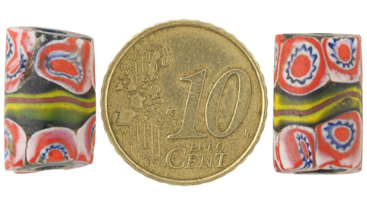 Antique Banded Venetian Millefiori Mosaic Glass Trade Beads Pair, 16X10Mm - alternate view