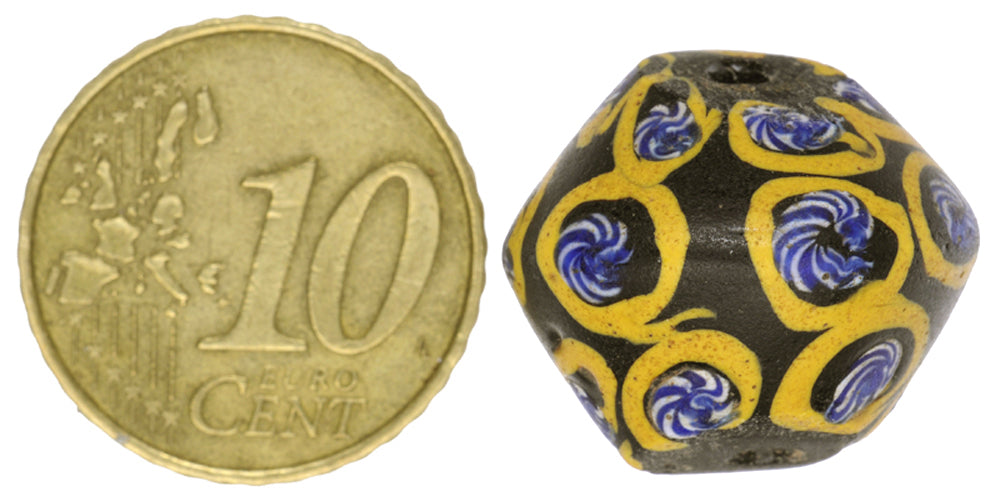 Rare Black Bicone Venetian Lampwork Glass Trade Bead, 19X17Mm, African Trade - zoomed-in detail
