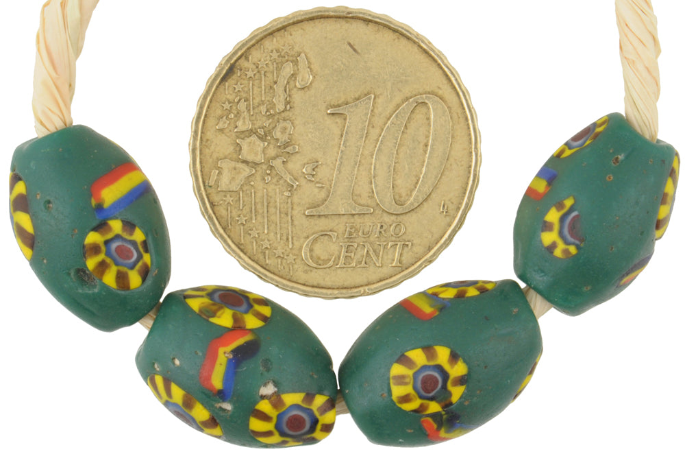Rare Antique Green Oval Millefiori Mosaic Glass African Trade Beads - 13Mm - alternate view