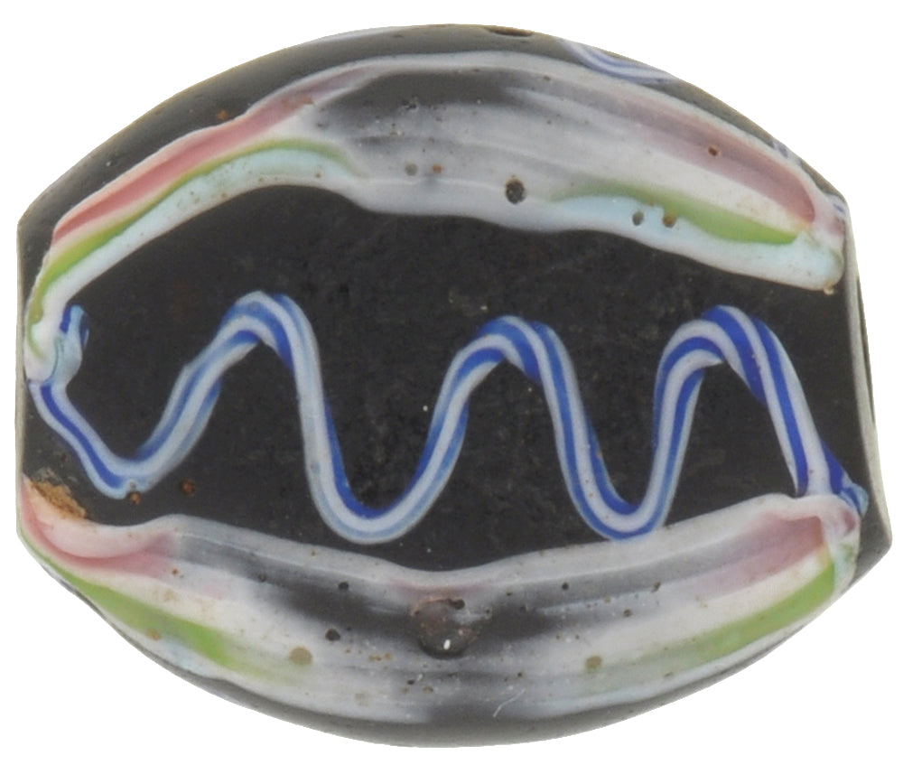 Antique Black Fancy Venetian Lampwork Glass Trade Bead, 1800S - close-up