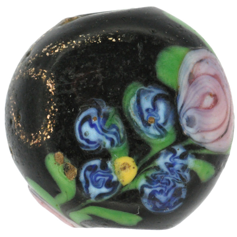 Rare Old Black "Flower" Venetian Wound Glass Trade Bead With Aventurine