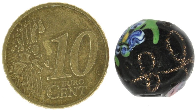 Rare Old Black "Flower" Venetian Wound Glass Trade Bead With Aventurine - close-up