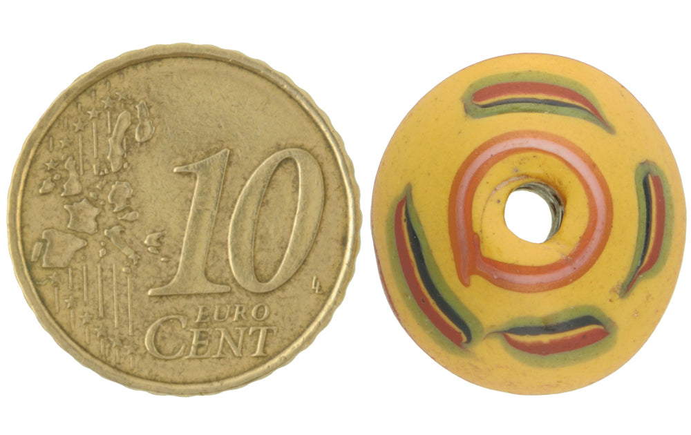 Antique Striped Yellow Bicone "King" Venetian Wound Glass African Trade Bead - close-up