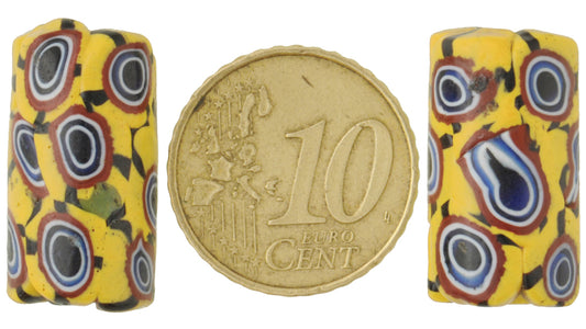 Antique Millefiori Venetian Mosaic Glass Trade Beads Pair, 21X11Mm - alternate view