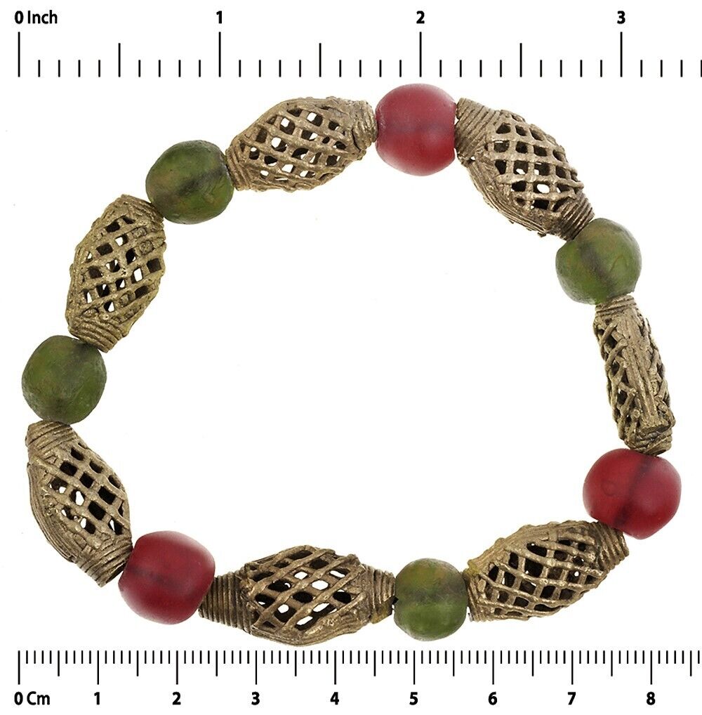 African Beaded Bracelet - Handmade Glass & Brass Beads - zoomed-in detail