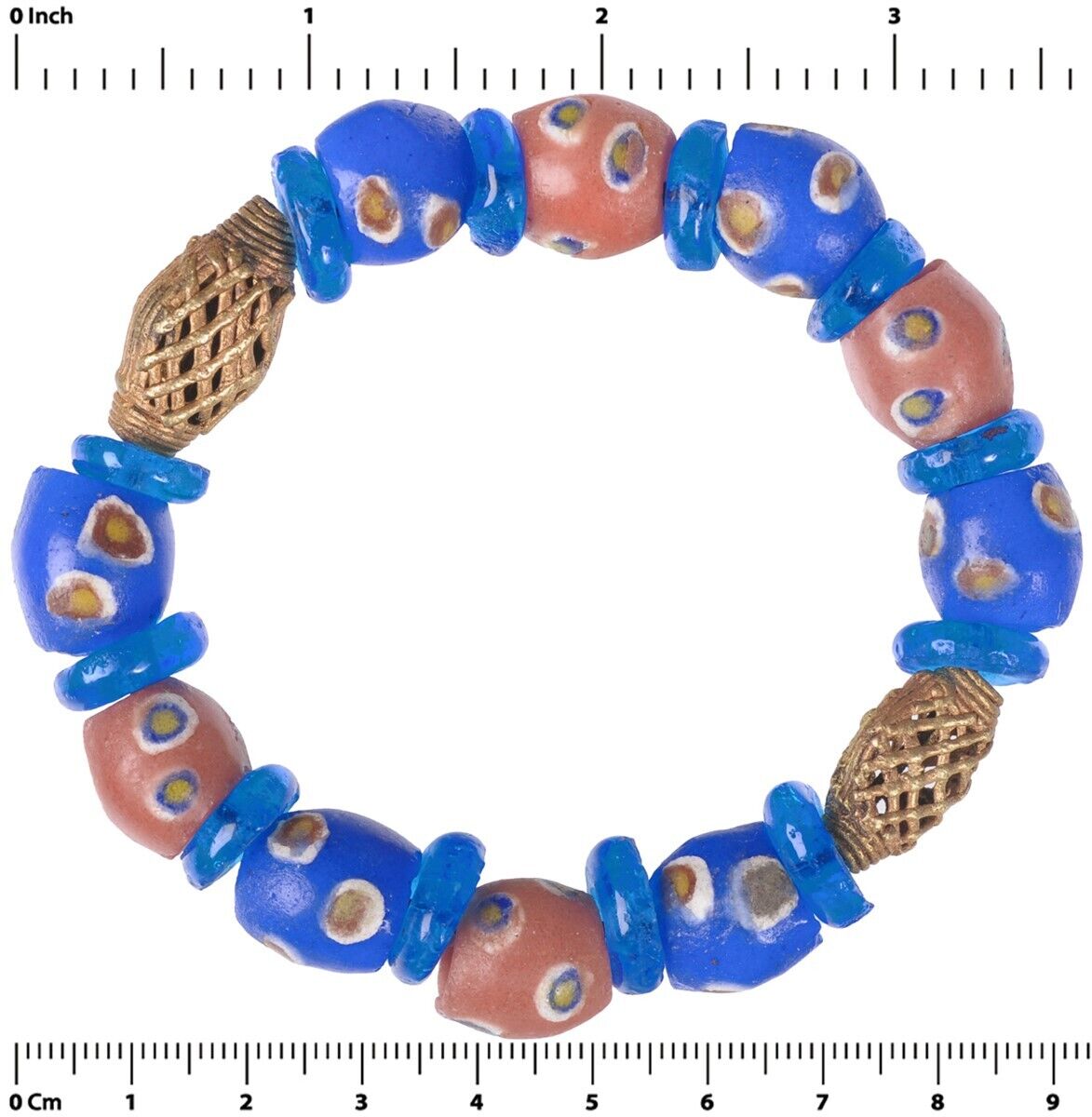 Handmade Beaded Bracelet - African Glass & Brass Beads - zoomed-in detail