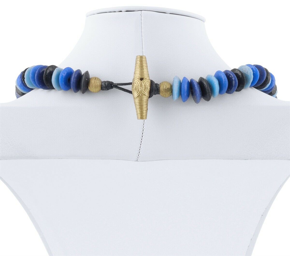 Handmade Recycled Glass Beads Brass Necklace Krobo Ashanti Jewelry African Trade - zoomed-in detail