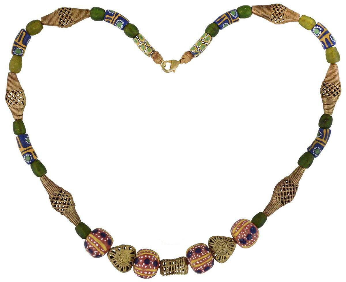 Handmade Brass Glass Beads From Ghana Ashanti African Necklace - angled shot