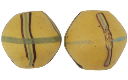 Antique Yellow Bicone African Trade Lampwork Beads With Trail Decor - alternate view