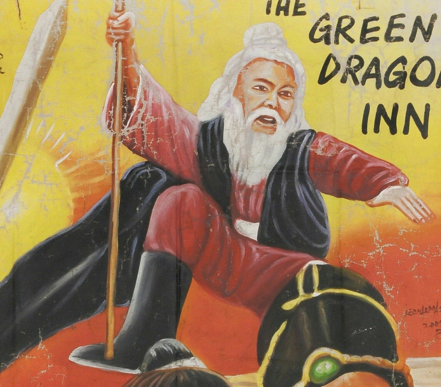 The Green Dragon Inn: Authentic Ghanaian Hand-Painted Movie Poster - close-up