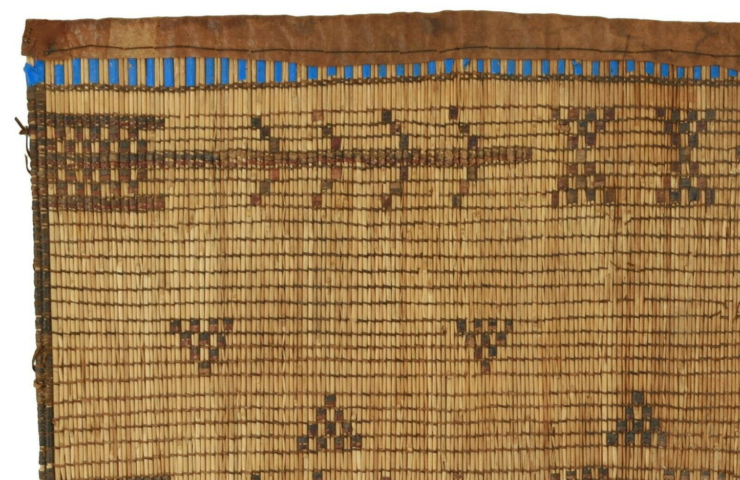 Authentic Tuareg Straw & Leather Mat – Blue Geometric, 25″ × 19″