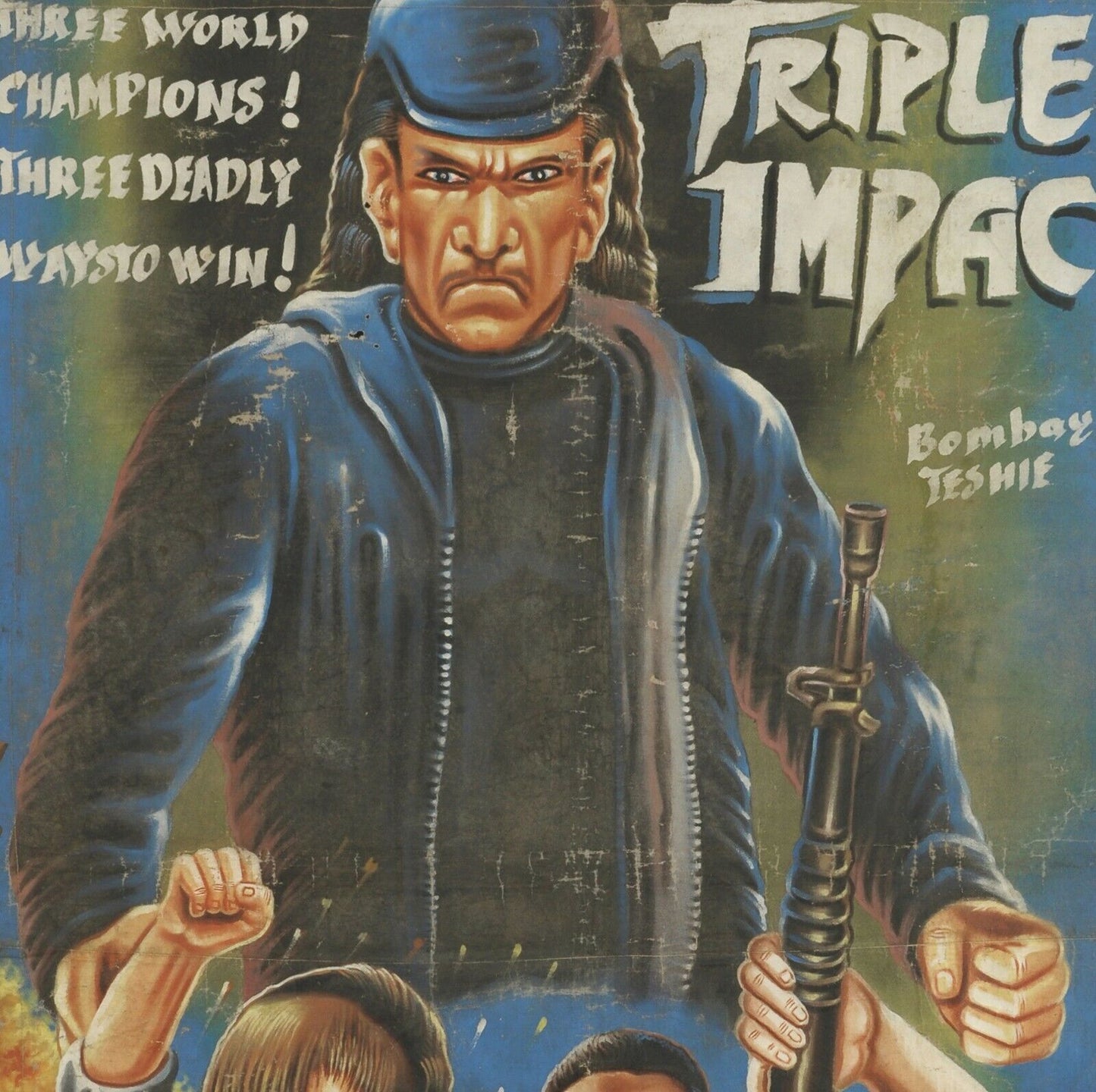 Triple Impact Action - Original Ghanaian Hand-Painted Movie Poster - close-up