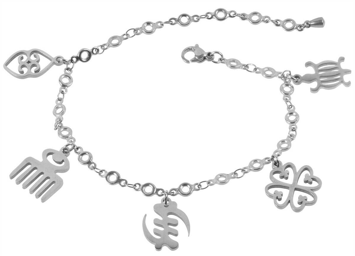 African Adinkra Symbols Stainless Steel Charm Bracelet Adjustable Ghana Jewelry - focused artwork area
