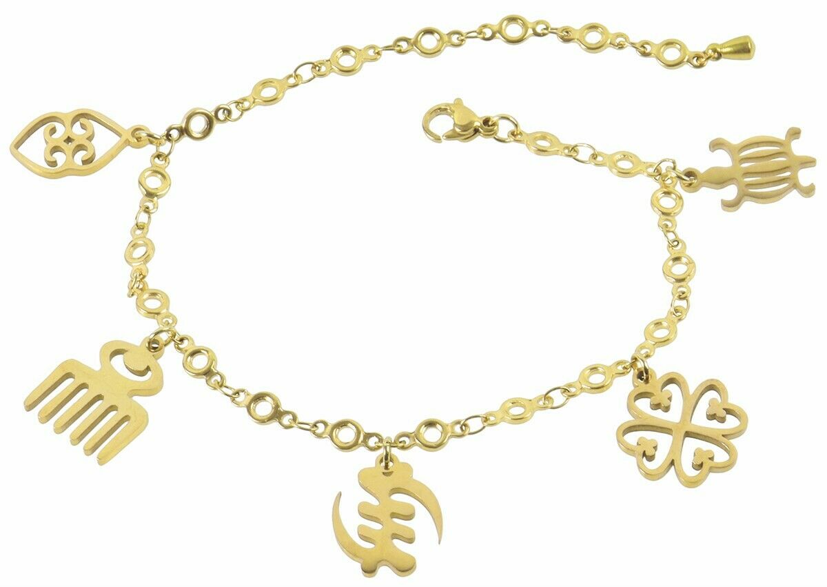 African Adinkra Symbols Stainless Steel Charm Bracelet Adjustable Ghana Jewelry - product focus