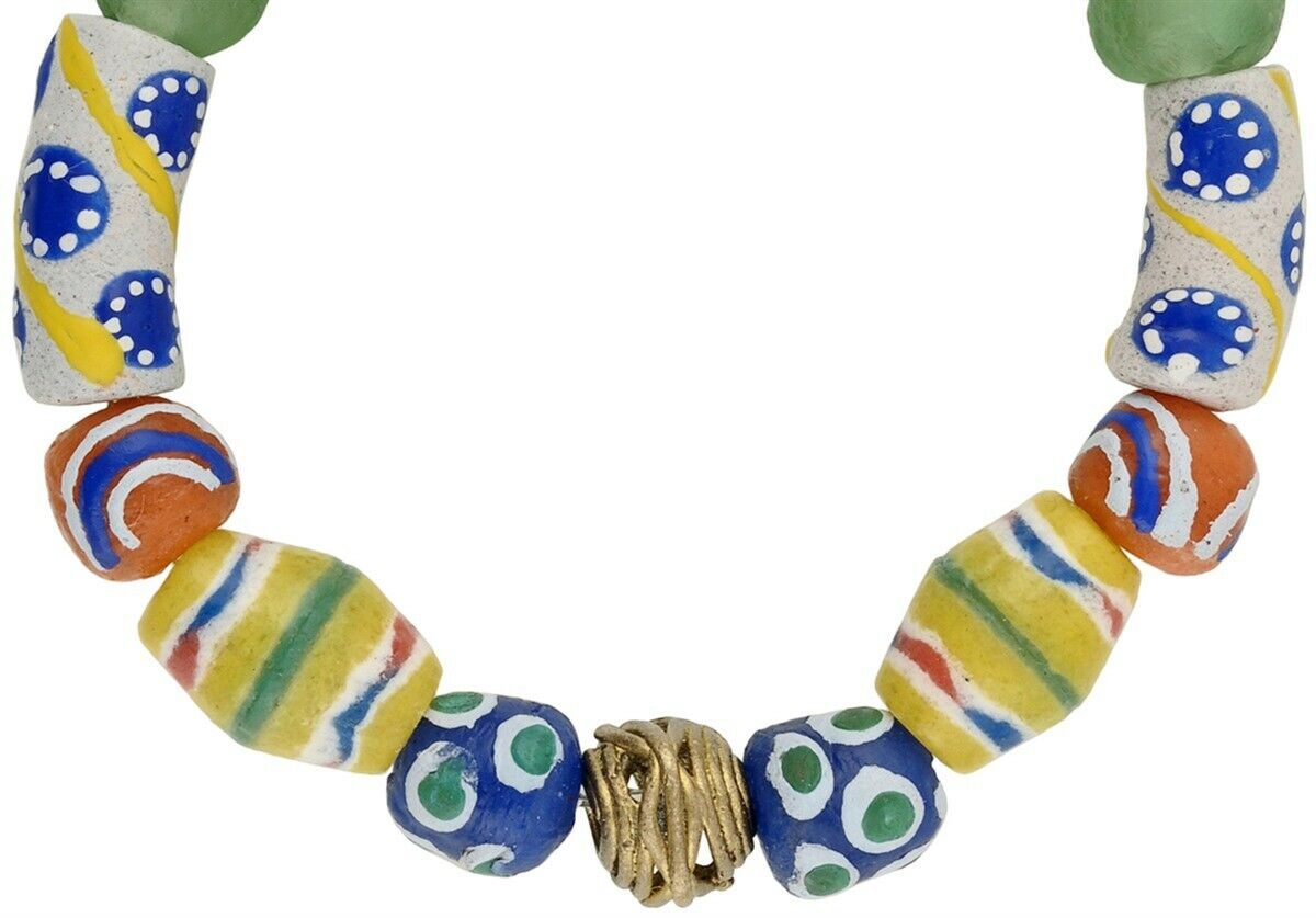 Handmade Beaded Bracelet - Ghana Glass & Brass Beads - close-up