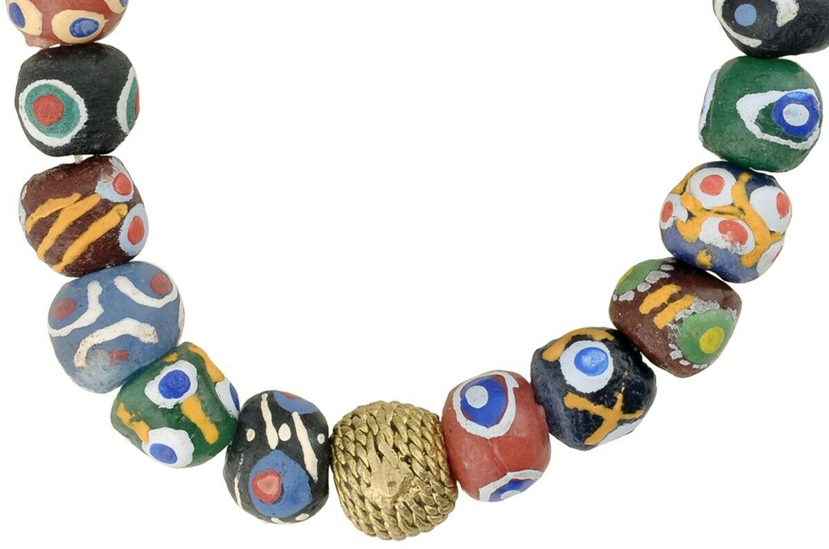 Handmade Beaded Bracelet - Ghana Brass & Glass Beads Jewelry - close-up