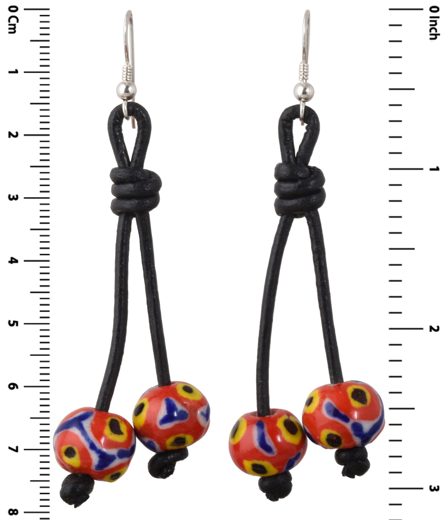 African Trade Beads Handmade Kiffa Earrings 925 Sterling Silver Leather Boho - close-up