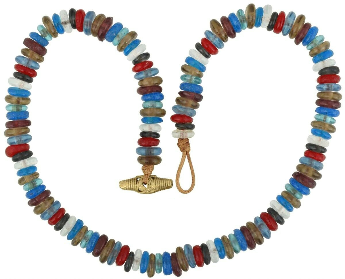 Handmade Necklace Recycled Glass Beads Brass Krobo Ashanti African Trade Jewelry - angled shot